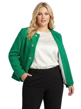 Size 16 Laura Plus Size Green Collarless Bouclé Blazer with Gold Buttons